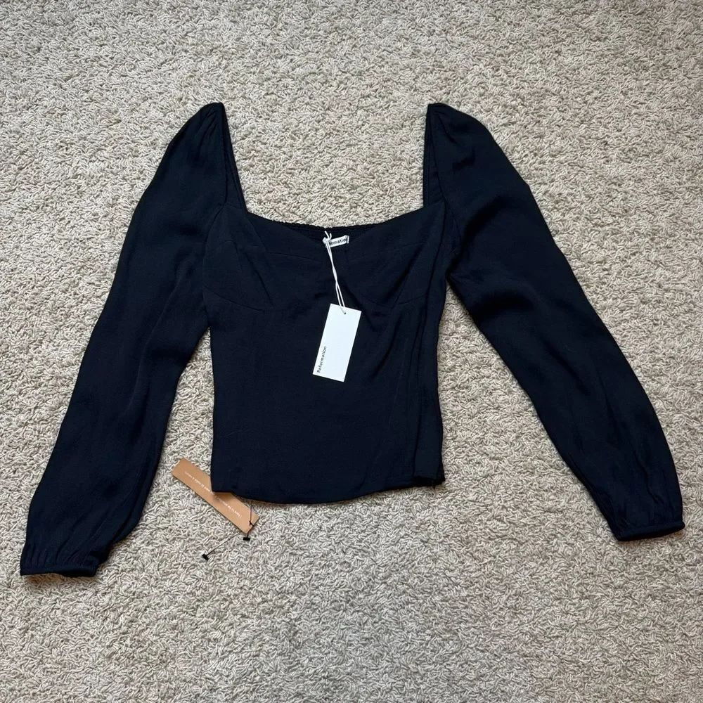Reformation Reign Top Square Neck Long Sleeve Black NWT 10